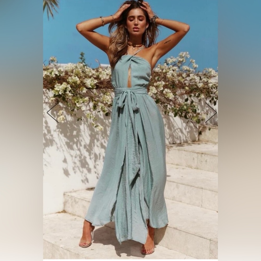 Hello Molly Stop Motion Dress NWT Size Small 4 Olive Green Maxi Shiny Boho